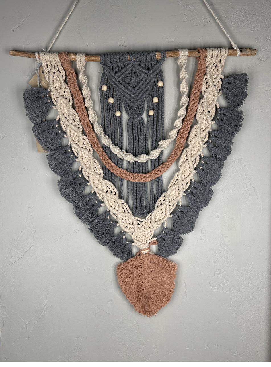 Tri-tone statement macramé wall hanging in charcoal, blush and cream on reclaimed driftwood